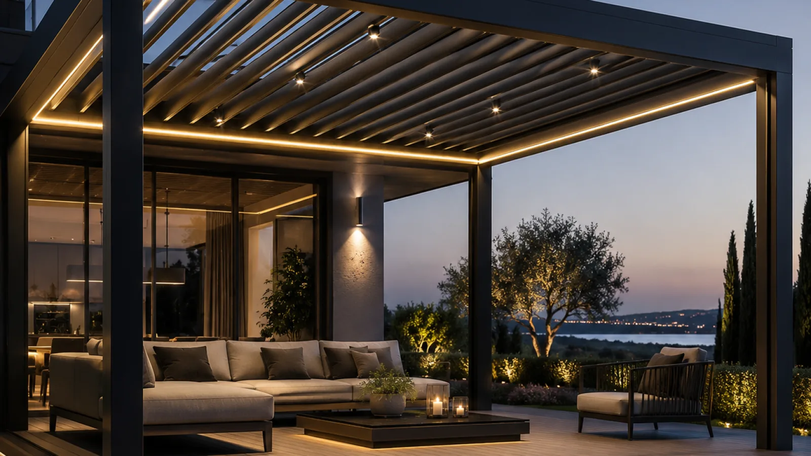 Villa terasında bioklimatik alüminyum pergola sistemi