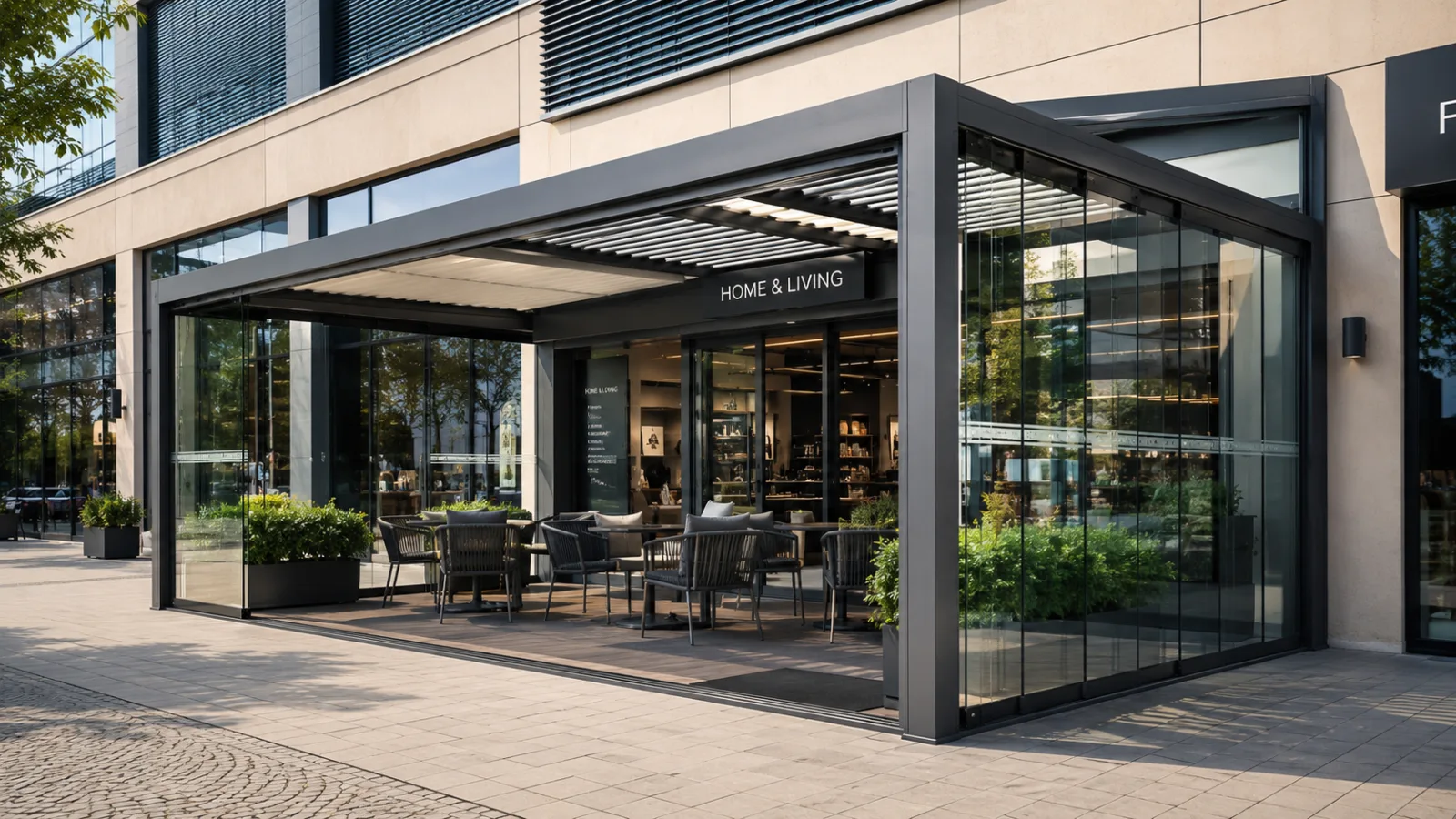 Mağaza önünde açılır kapanır tavanlı ve sürgülü camlı pergola sistemi