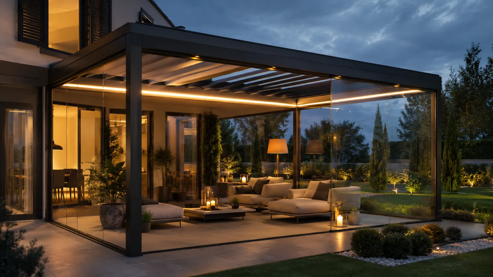 Kafe terasında motorlu tavanlı ve açılır kapanır camlı pergola sistemi