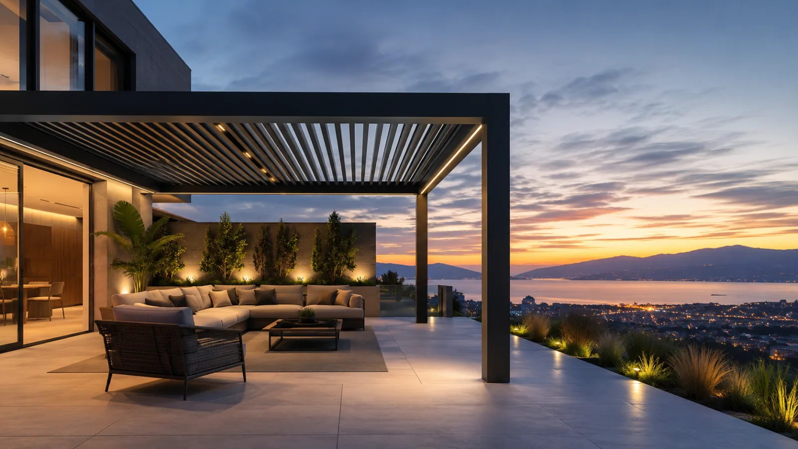 Modern villa bahçesinde havuz kenarına uygulanmış ölçüye özel alüminyum pergola sistemi