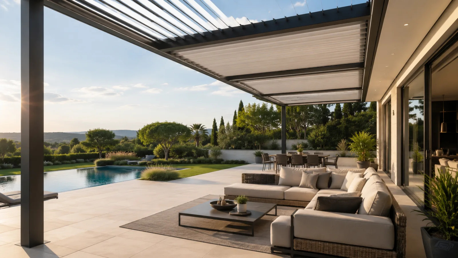 Modern terasta açısı ayarlanabilen motorlu alüminyum lamelli bioklimatik pergola