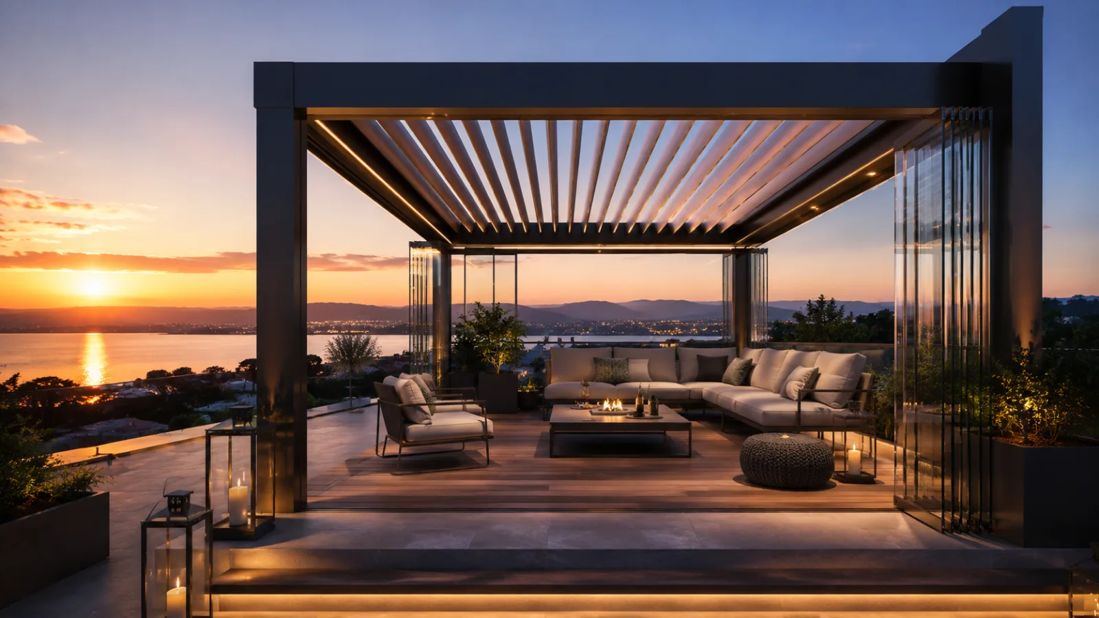 Şehir manzaralı çatı terasında modern alüminyum pergola ve oturma alanı