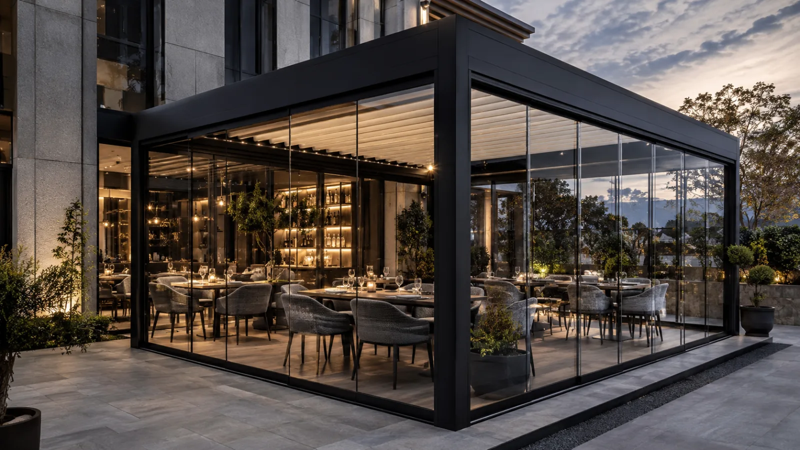 Gizli oluk ve profil içi yağmur suyu tahliyesi bulunan alüminyum pergola detayı