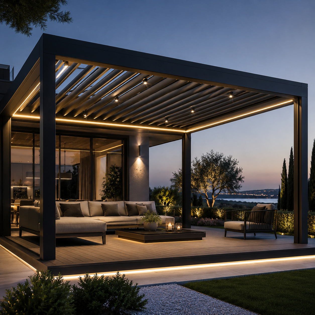 Villa terasında bioklimatik alüminyum pergola sistemi