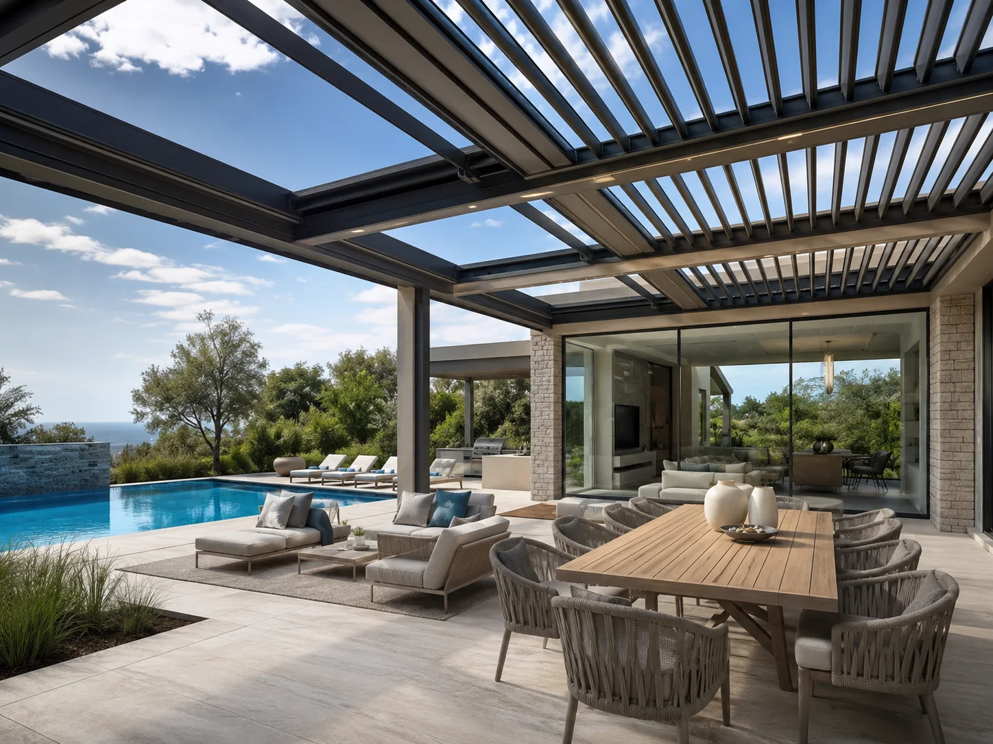 Bahçeli villanın havuz kenarına uygulanan pergola modeli
