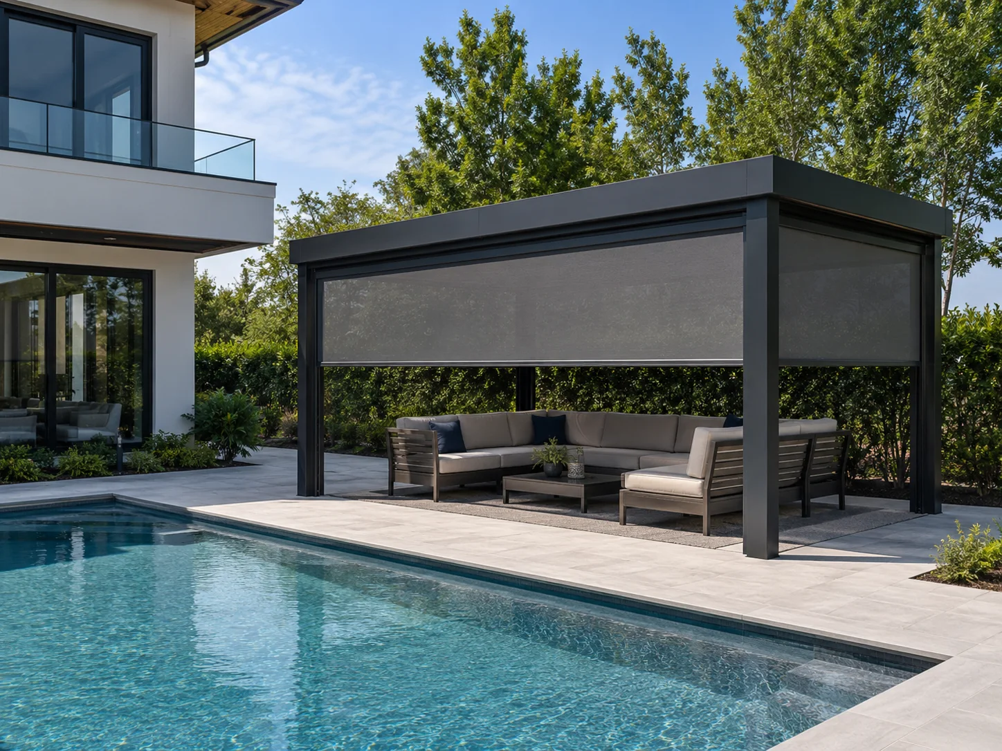 Havuz başındaki ahşap zeminli oturma alanına uygulanan pergola
