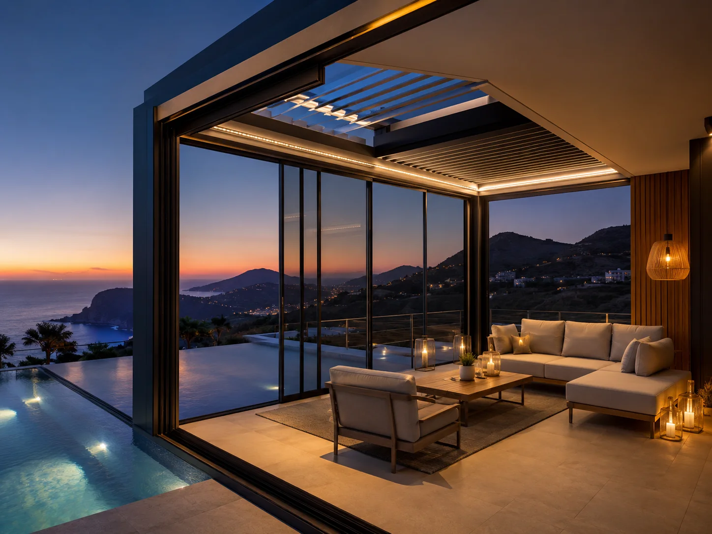 Havuz başındaki bahçe ve oturma alanına uygulanan pergola modeli