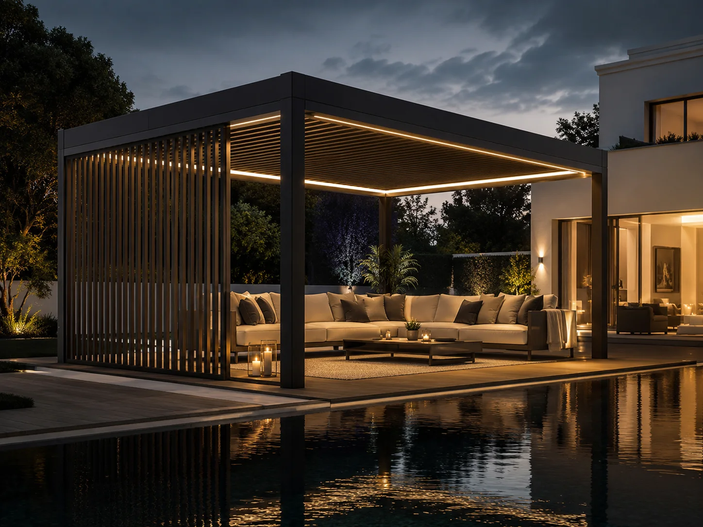 Havuz başındaki oturma alanı için hazırlanan pergola uygulaması