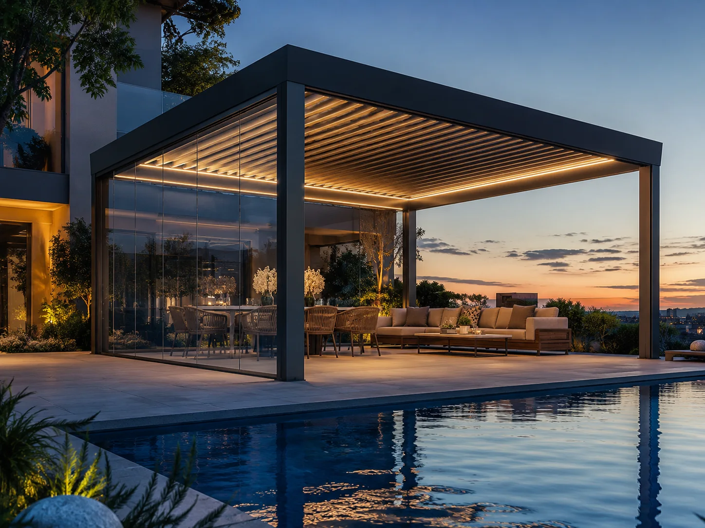 Geniş havuz başı oturma alanını kapsayan pergola modeli
