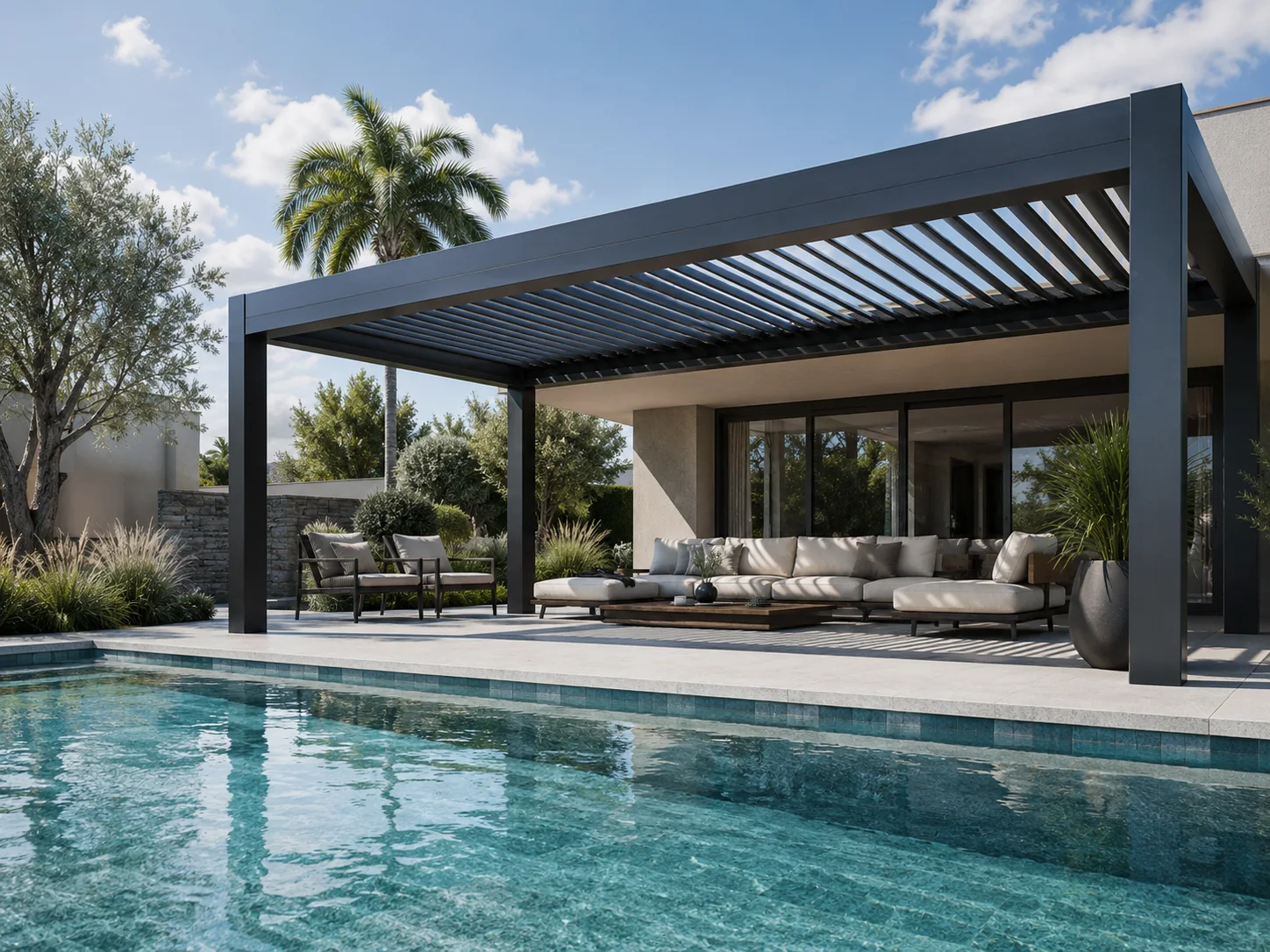 Havuz başına uygulanan sade ve minimal pergola tasarımı