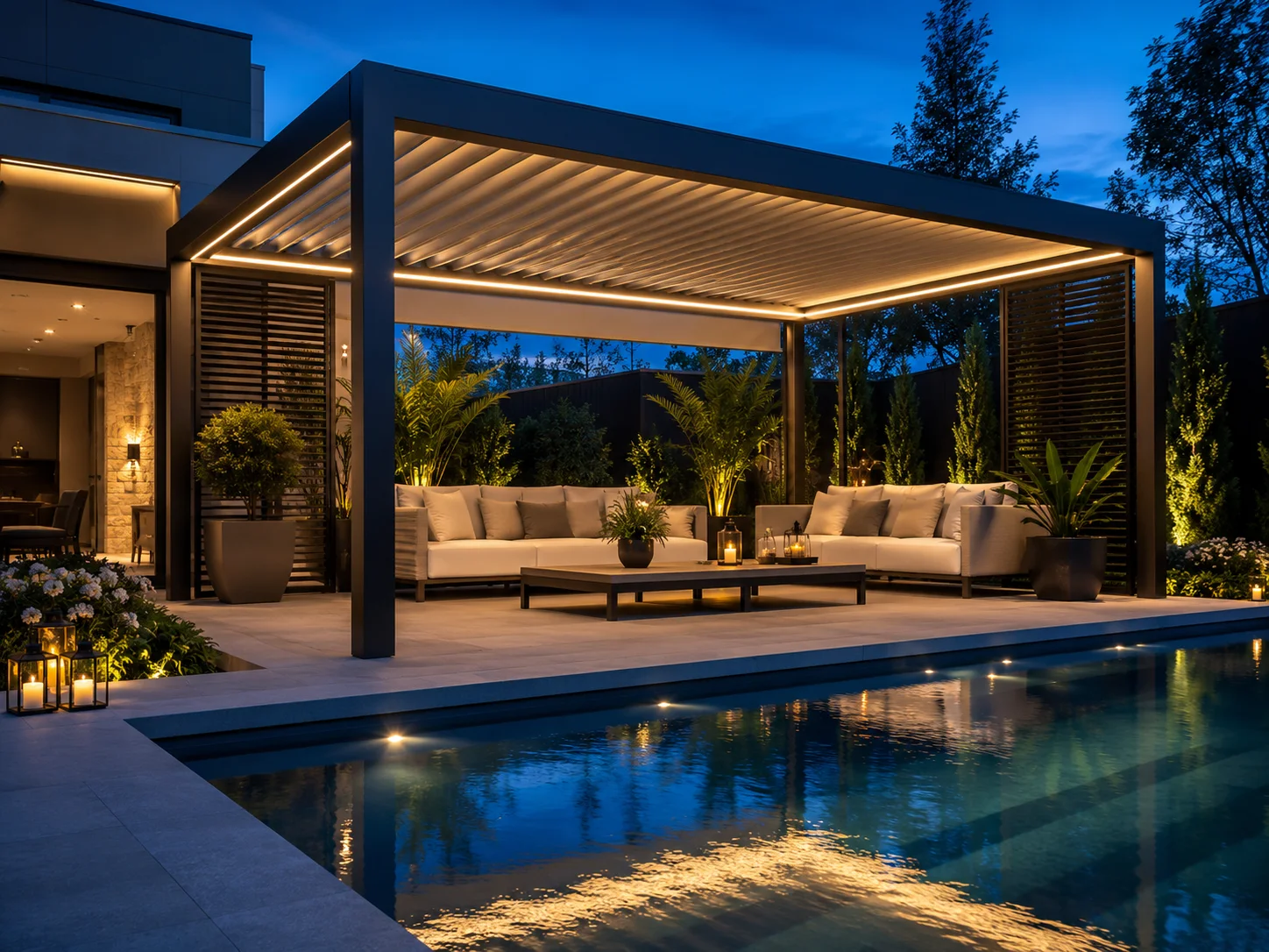 Havuz başındaki oturma alanına uygulanan modern pergola modeli