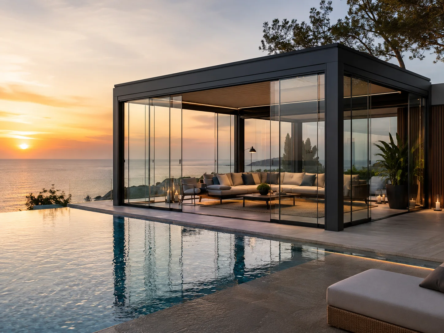 Havuz başındaki peyzaj düzenine uyumlu pergola modeli
