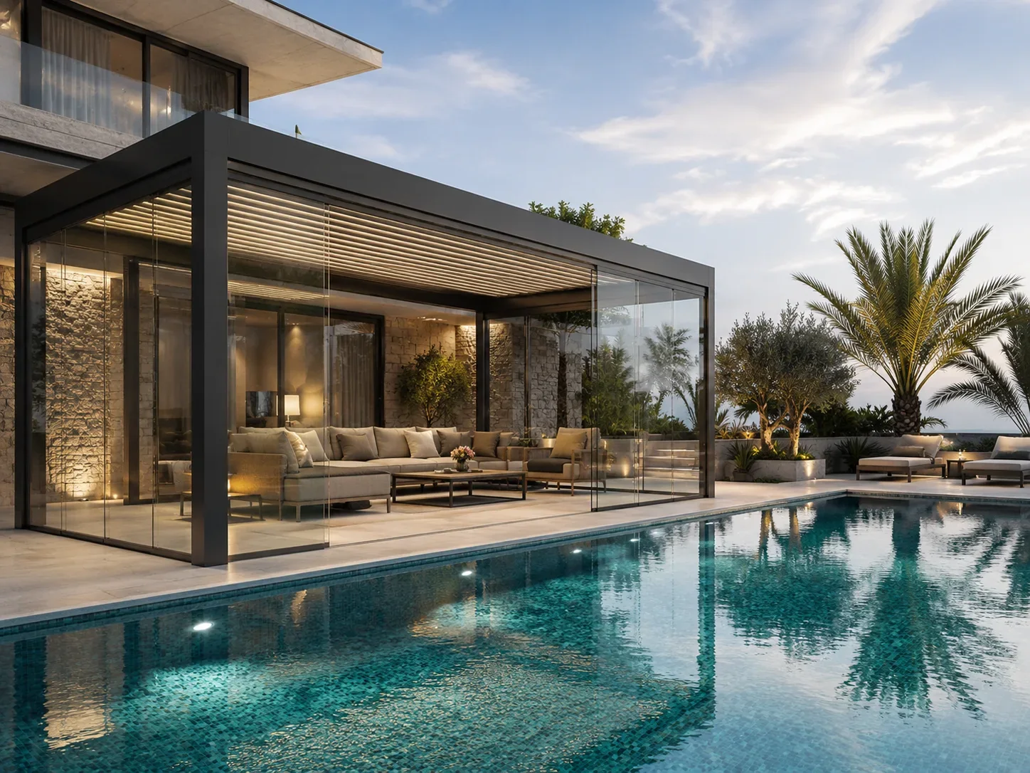 Havuz başındaki şezlong ve dinlenme alanına uygulanan pergola modeli