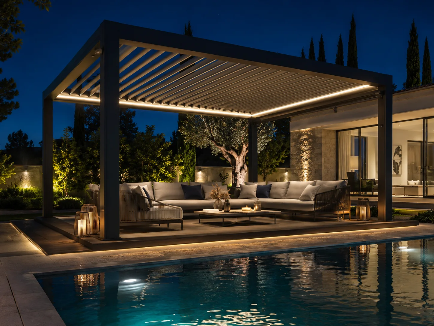 Havuz çevresindeki açık dinlenme alanına uygulanan pergola modeli