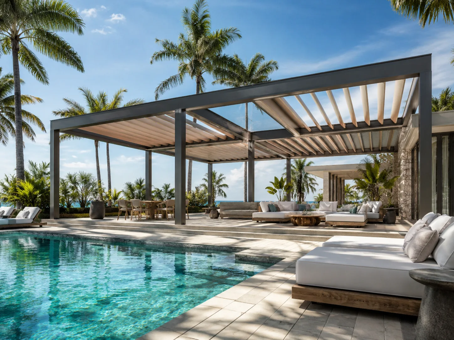 Havuz çevresindeki sosyal kullanım alanında bulunan pergola modeli