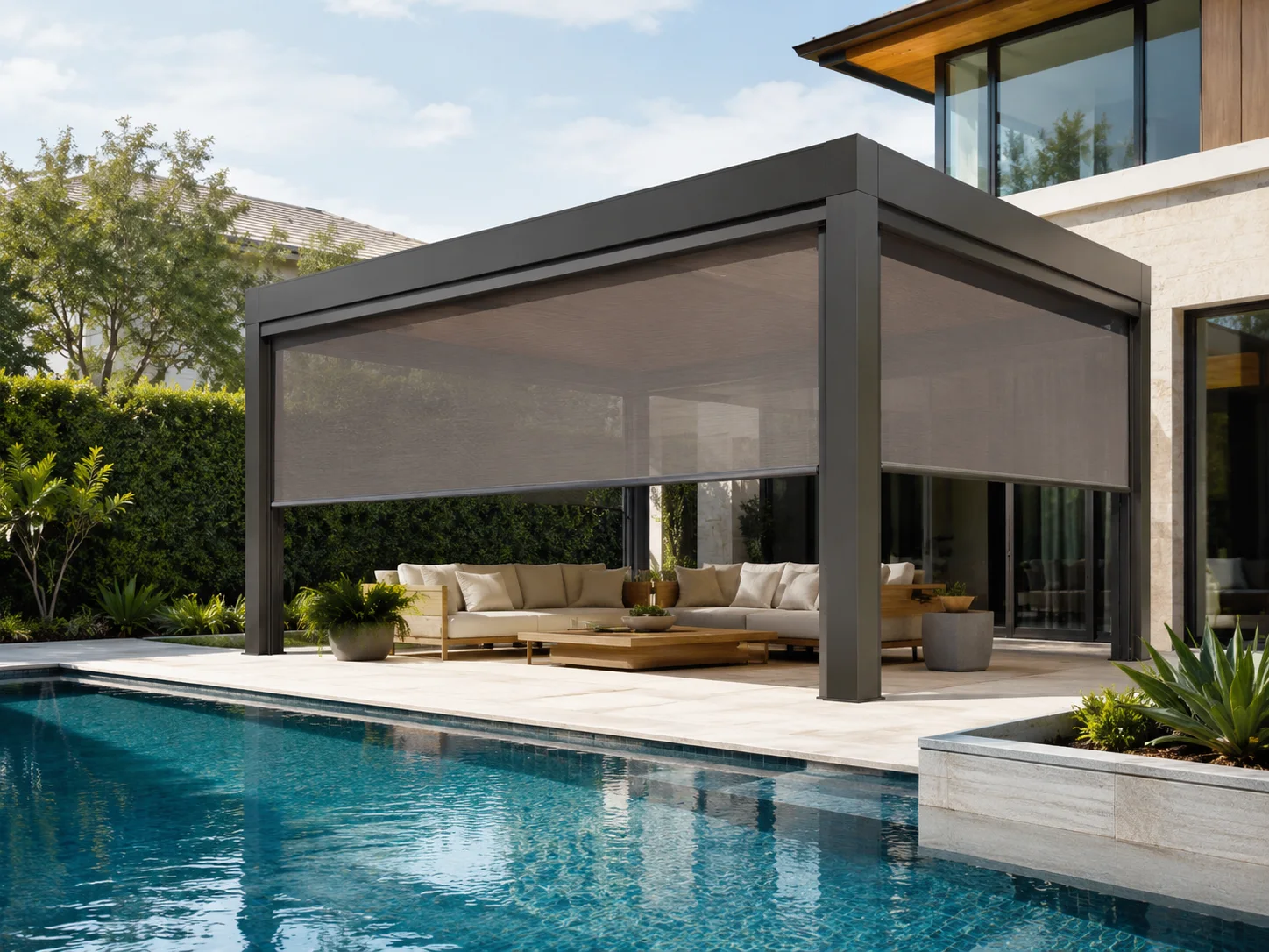 Havuz kenarındaki köşe oturma alanına uygulanan pergola