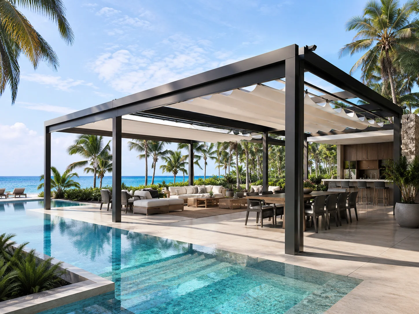 Havuz kenarındaki dinlenme alanına uygulanan modern pergola modeli