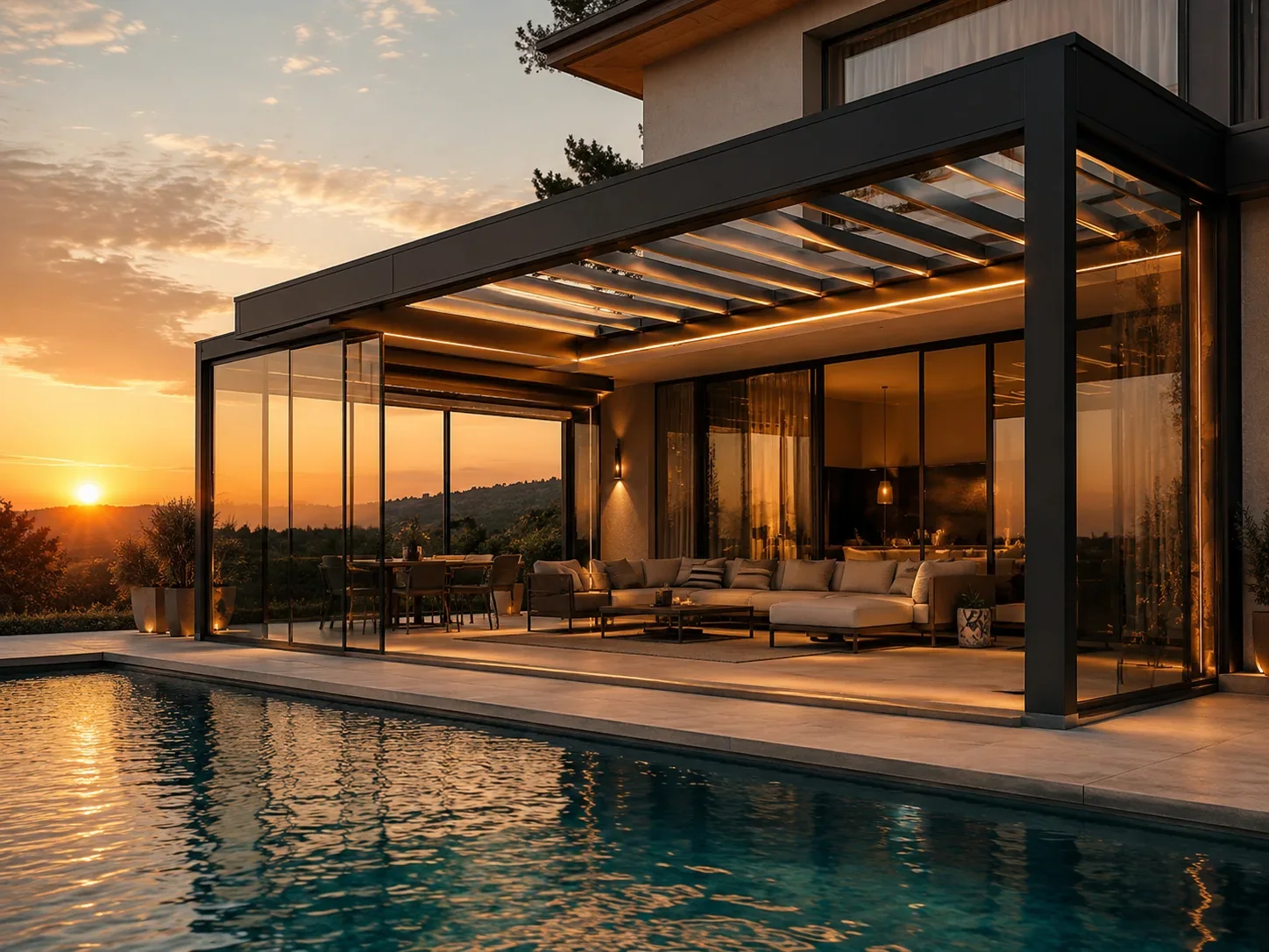 Havuz kenarındaki taş zeminli oturma alanına uygulanan pergola modeli