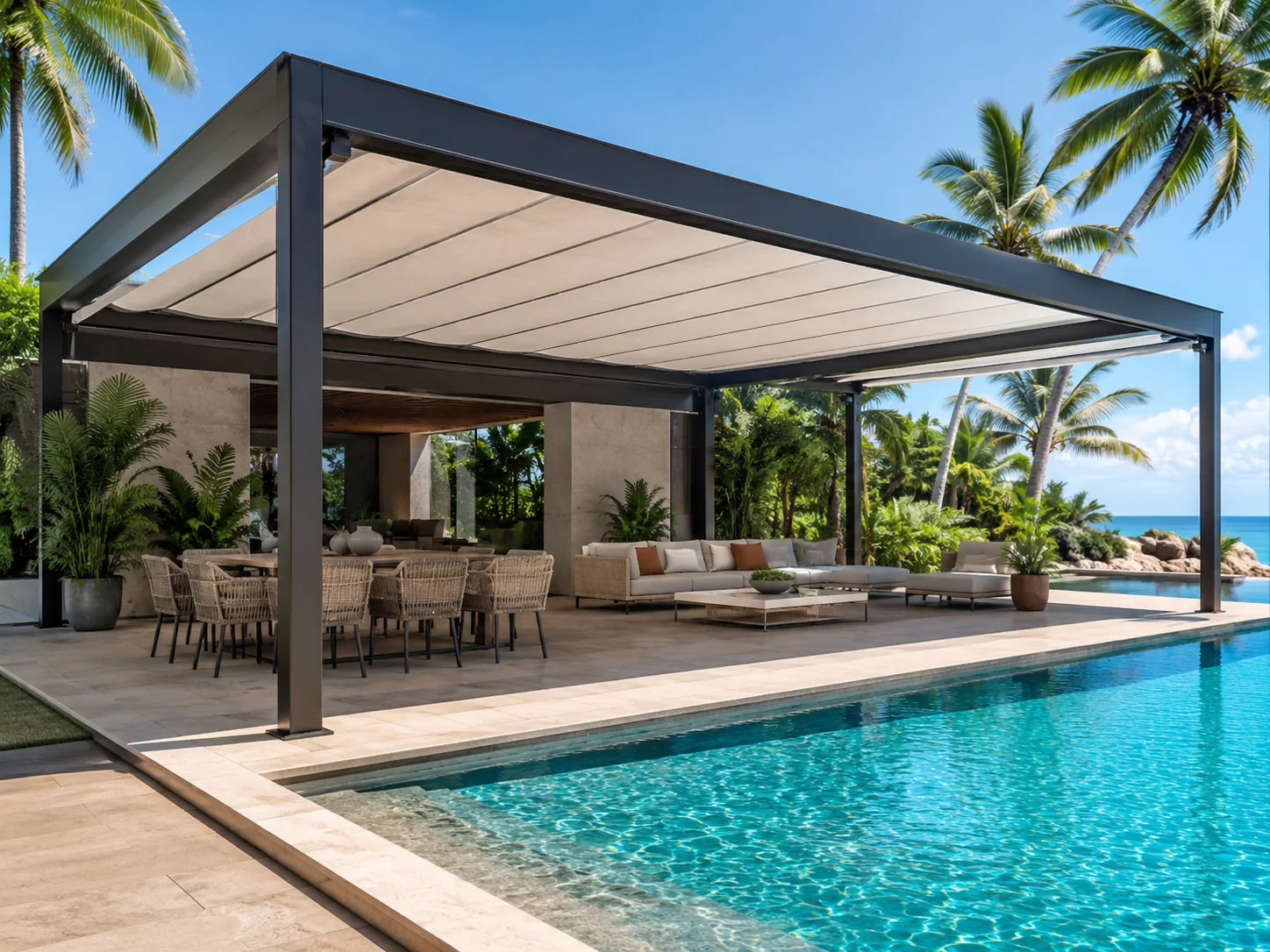 Havuz yanındaki oturma alanı için hazırlanan pergola modeli