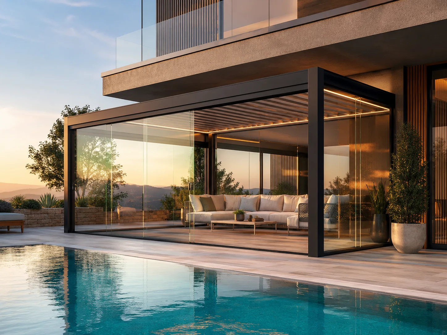 Havuz yanındaki misafir oturma alanında kullanılan pergola
