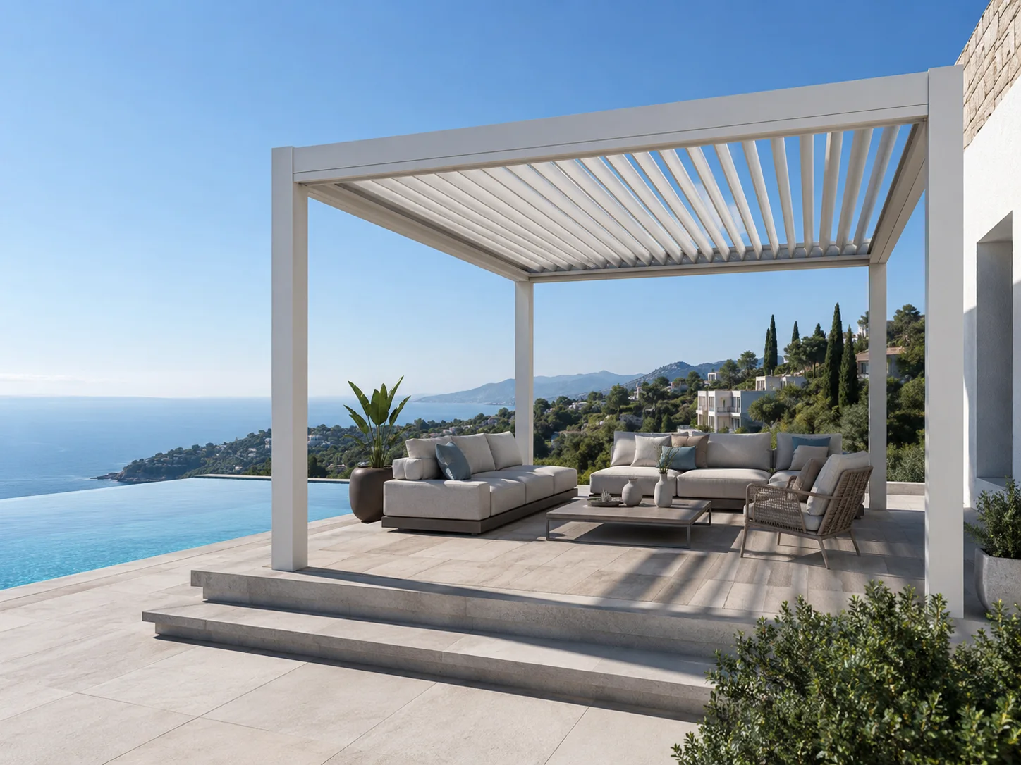 Modern havuz kenarında bulunan oturma alanı için pergola modeli