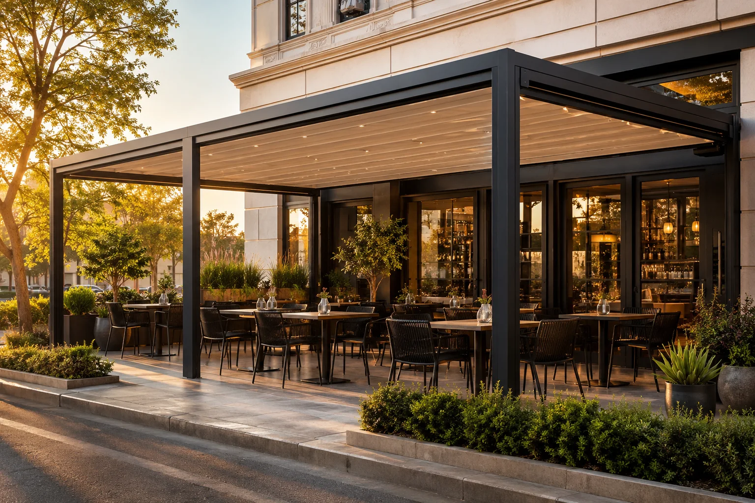 Villa bahçesindeki modern yaşam alanına uygulanan pergola modeli