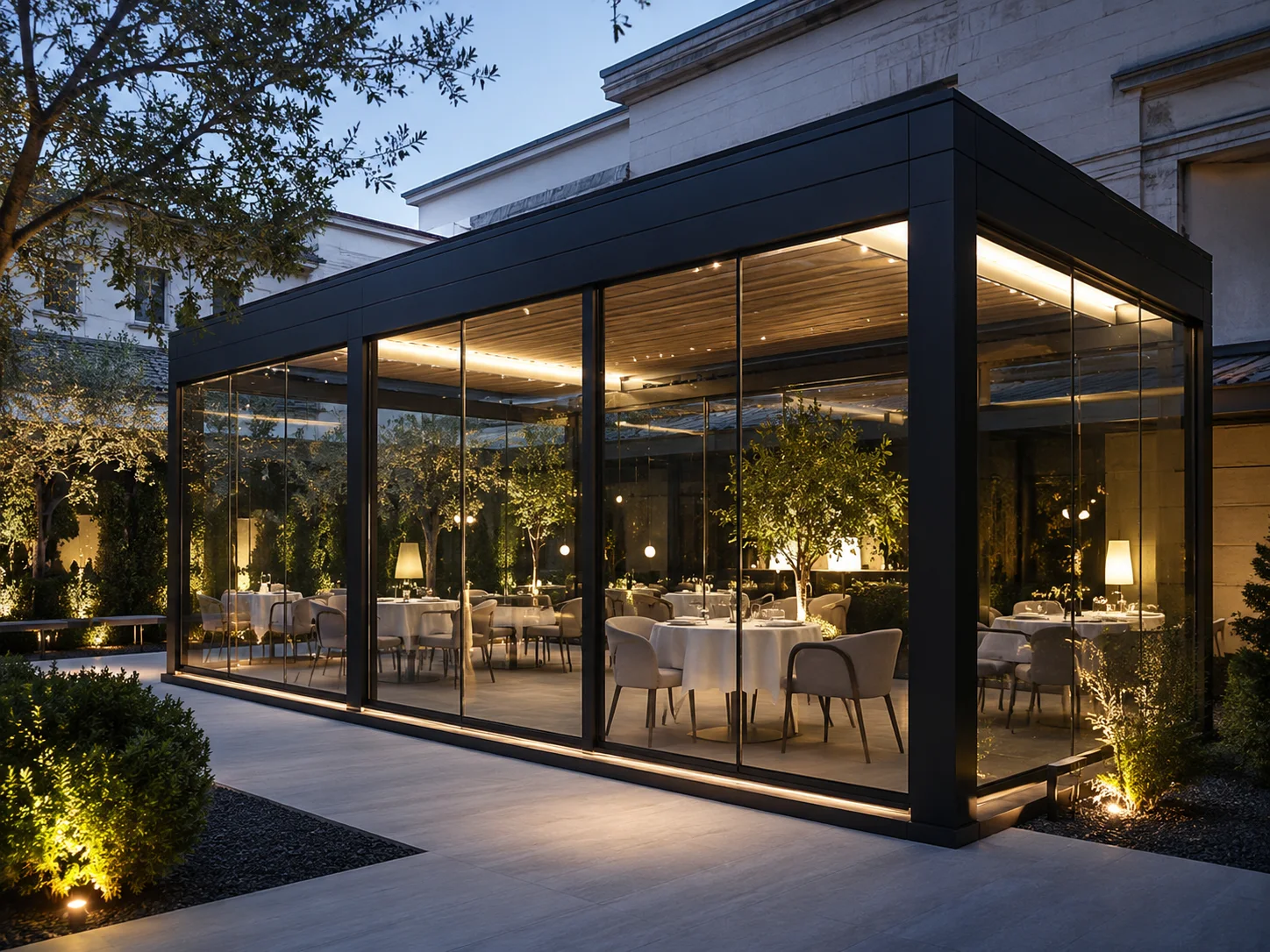 Kafe bahçesindeki açık oturma düzenine uygulanan pergola modeli
