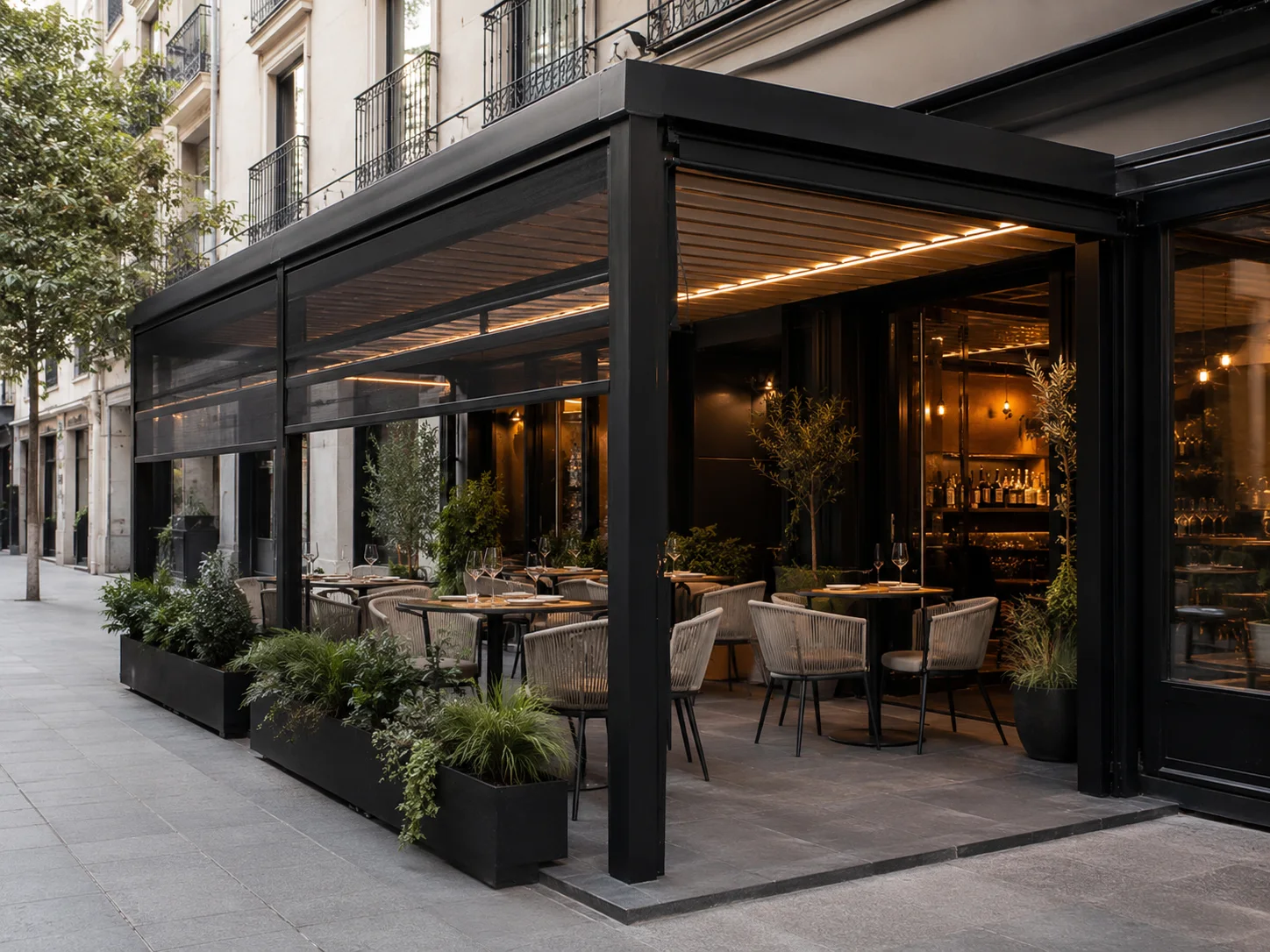 Kafe bahçesindeki masa ve oturma alanına uygulanan pergola modeli