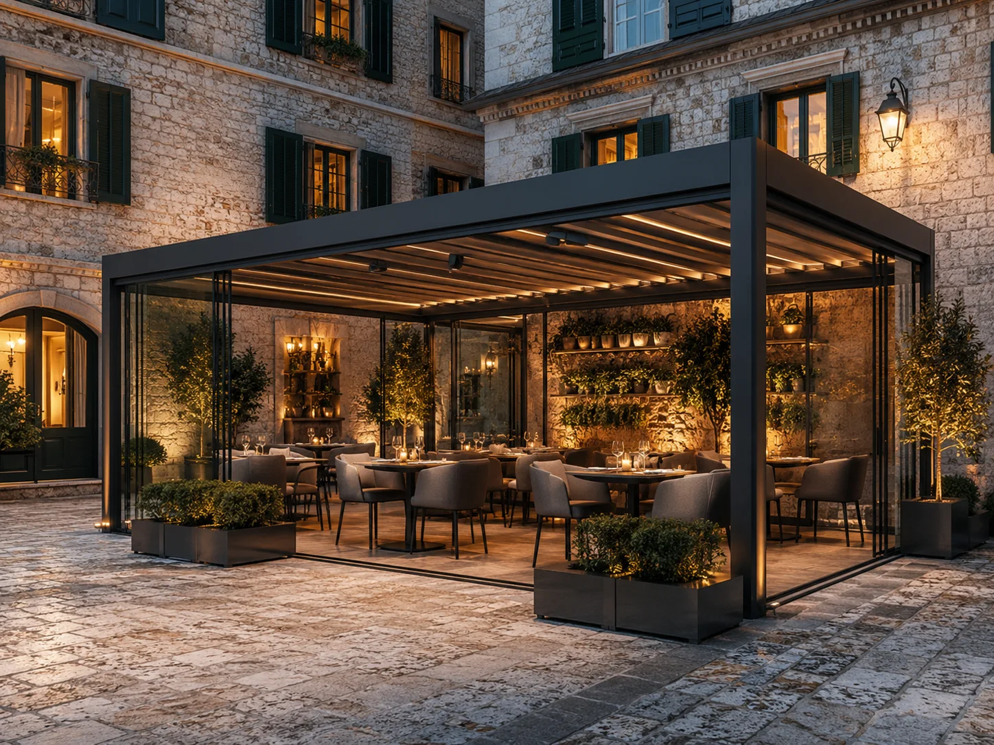 Restoranın açık servis ve oturma alanına uygulanan pergola modeli