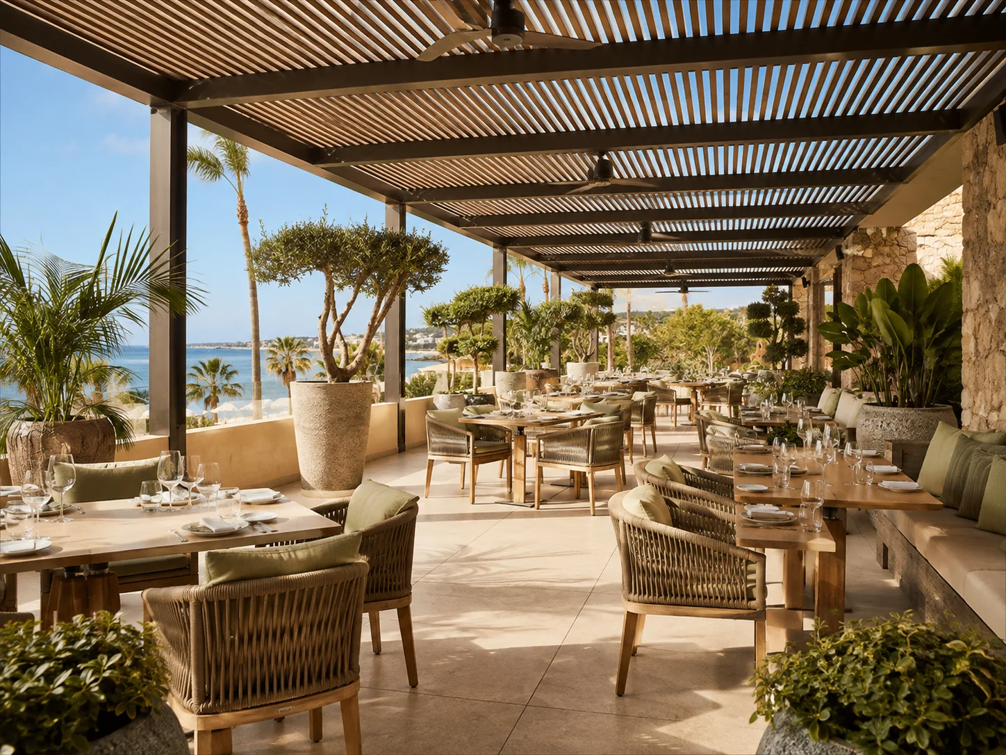 Otel açık alanı için tasarlanan modern ve estetik pergola sistemi
