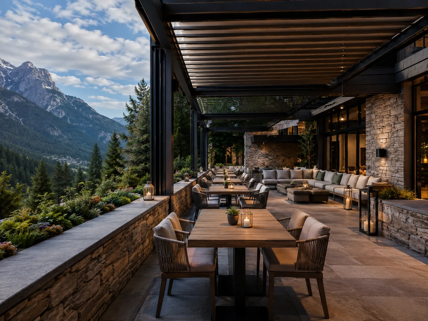 Otel bahçesinde konforlu açık alan oluşturan modern pergola modeli