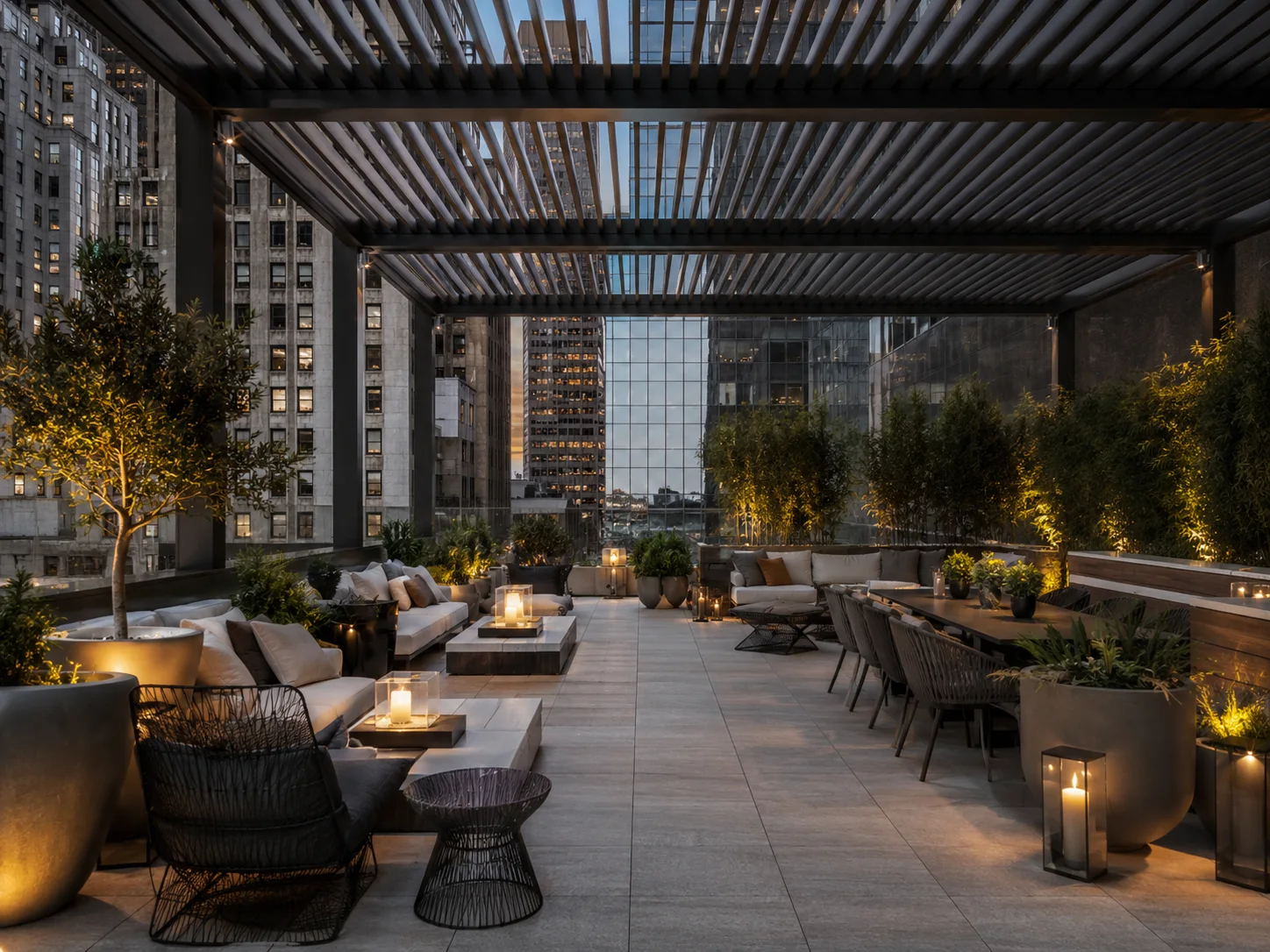 Otel girişinde modern ve korunaklı karşılama alanı oluşturan pergola sistemi