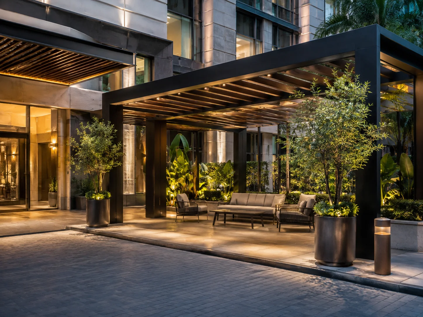 Otel giriş ve teras alanları için modern alüminyum pergola modeli