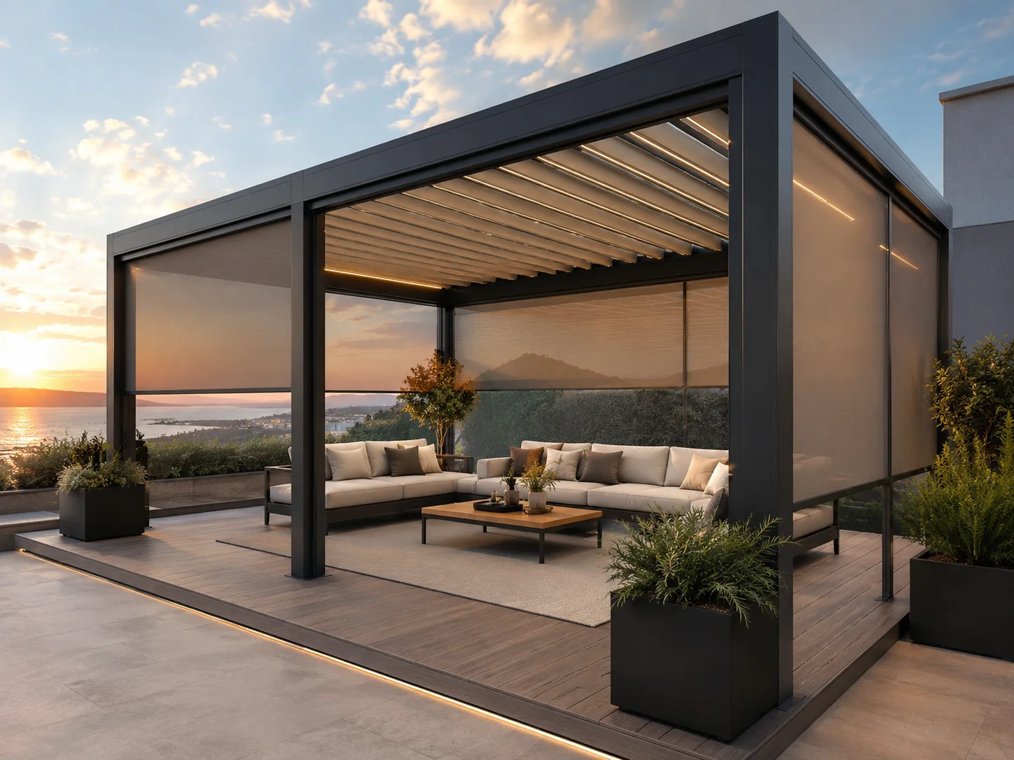 Geniş teras üzerindeki oturma ve dinlenme alanına uygulanan pergola modeli