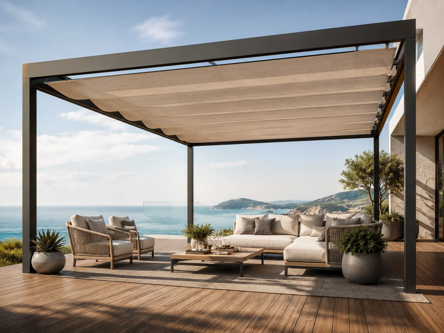 Teras üzerindeki açık salon ve oturma alanına uygulanan pergola modeli