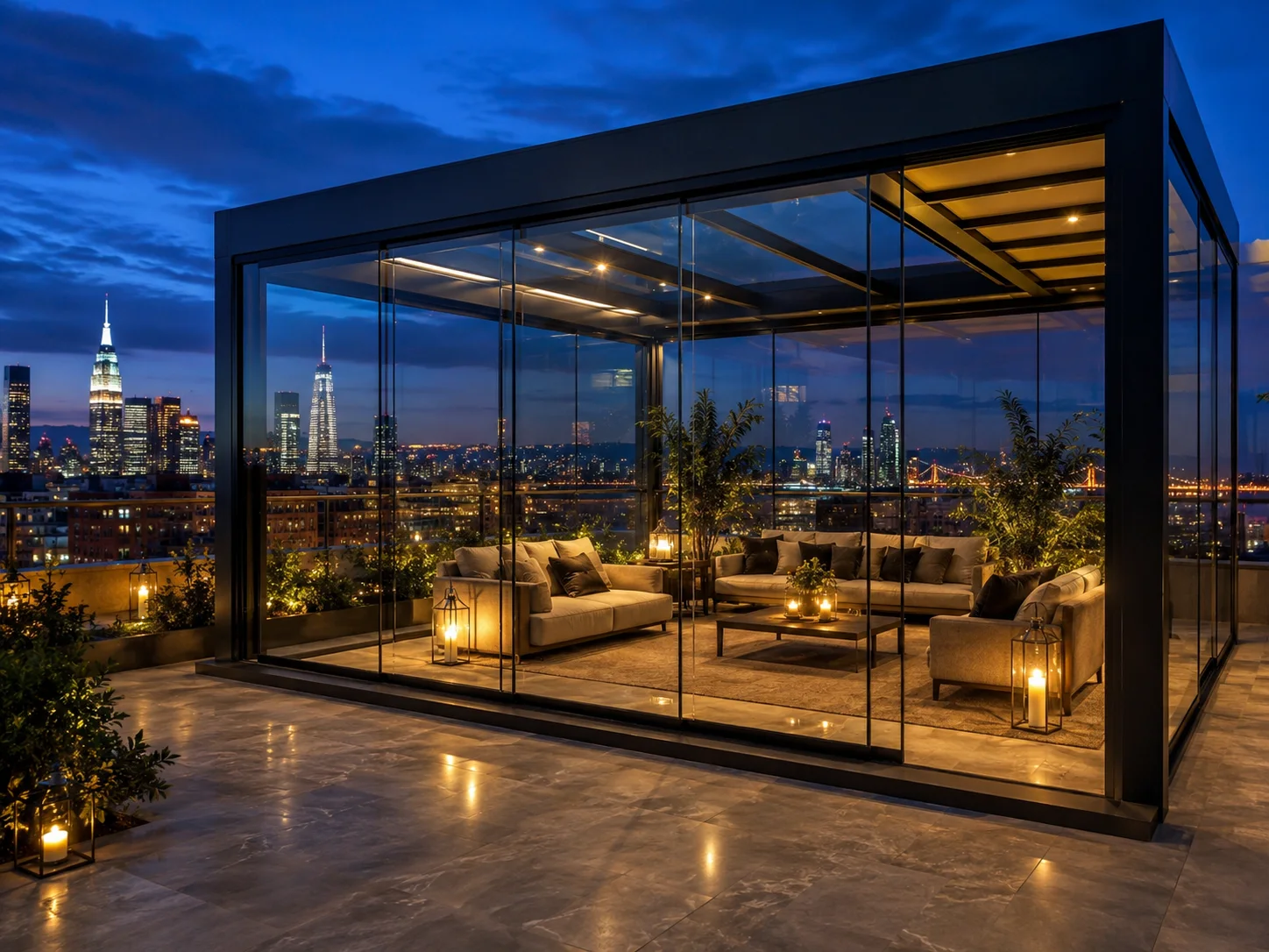 Teras üzerindeki açık yaşam alanına uygulanan pergola modeli