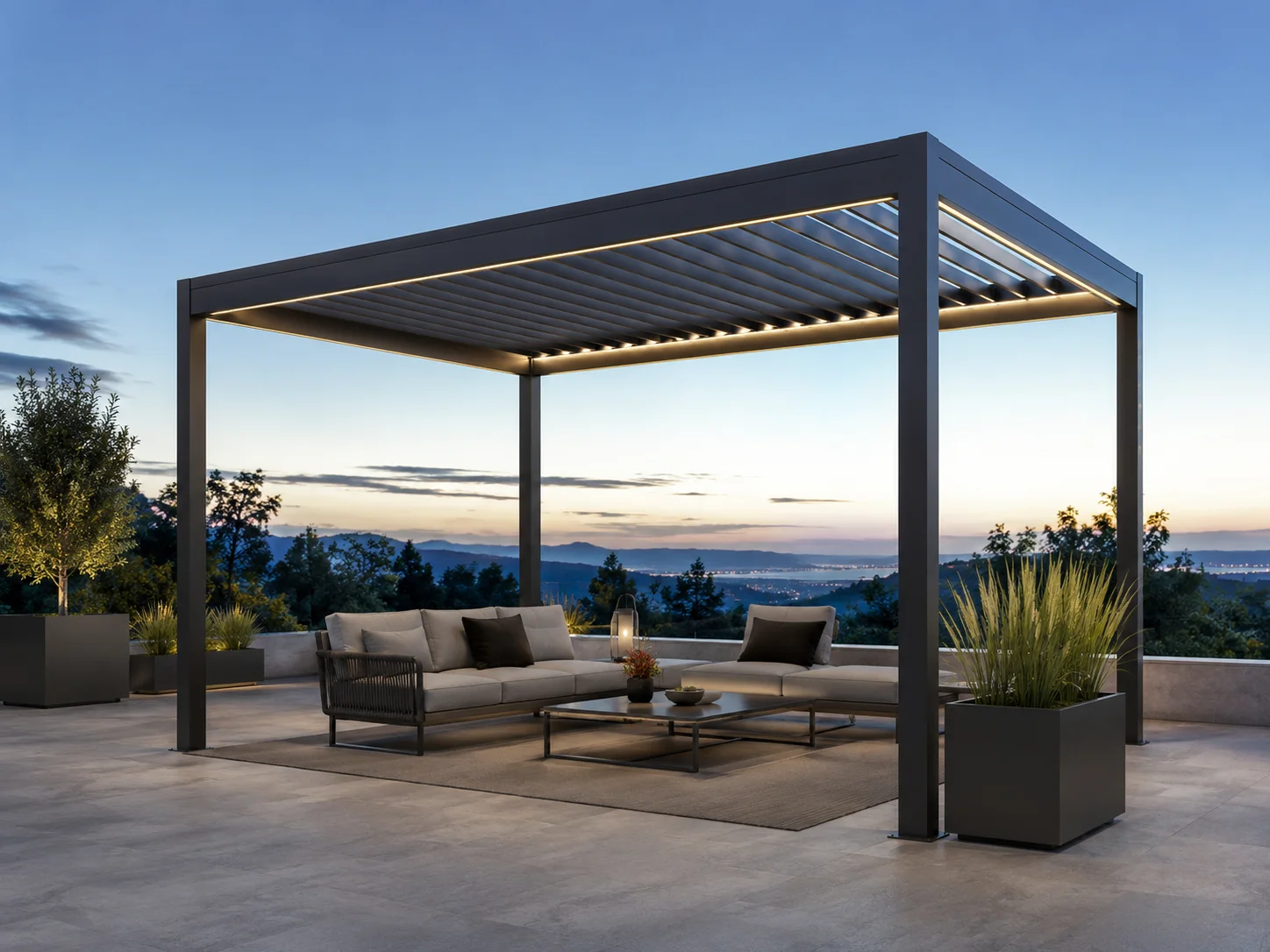 Teras ile bahçe arasındaki geçiş alanına uygulanan pergola modeli