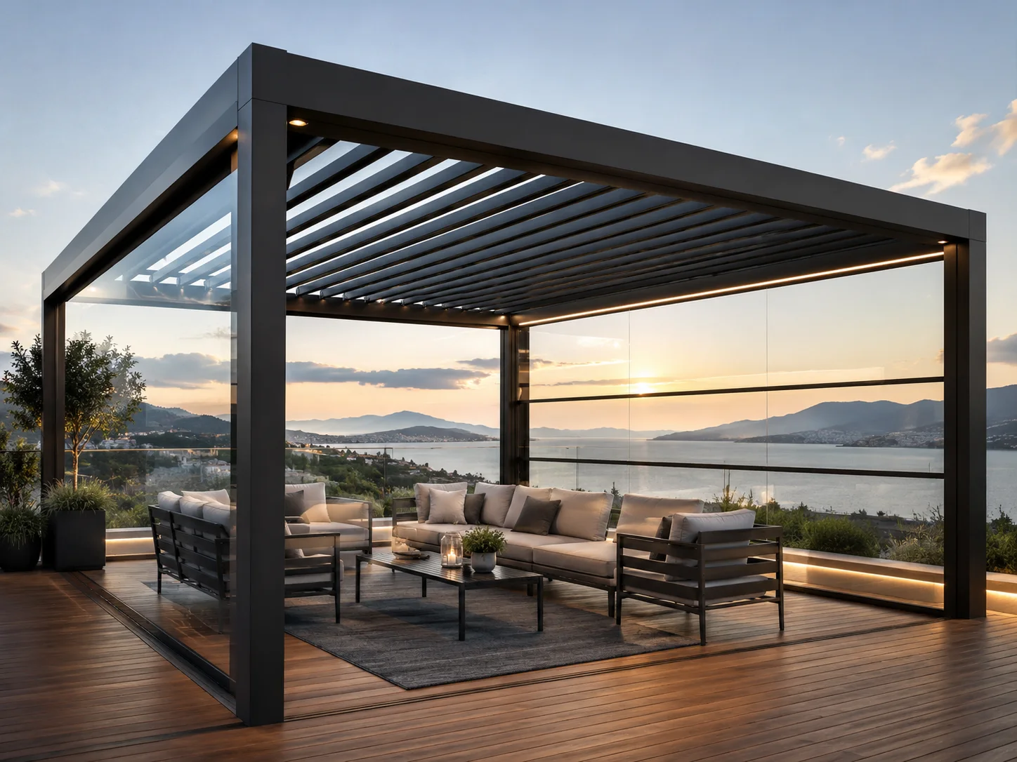 Yapı cephesiyle uyumlu olarak teras alanına uygulanan pergola modeli