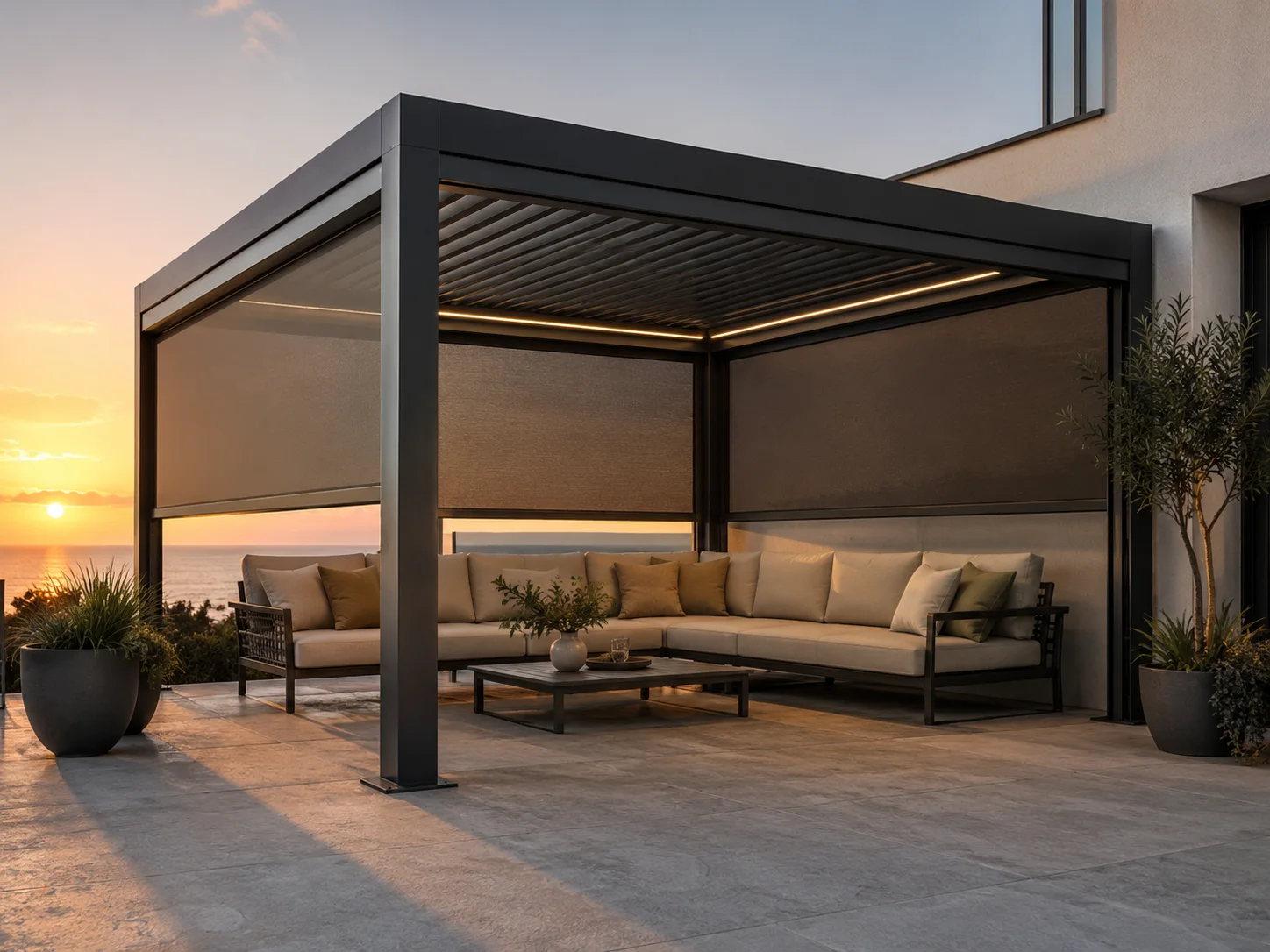 Yapı cephesiyle uyumlu olarak teras alanına uygulanan pergola modeli