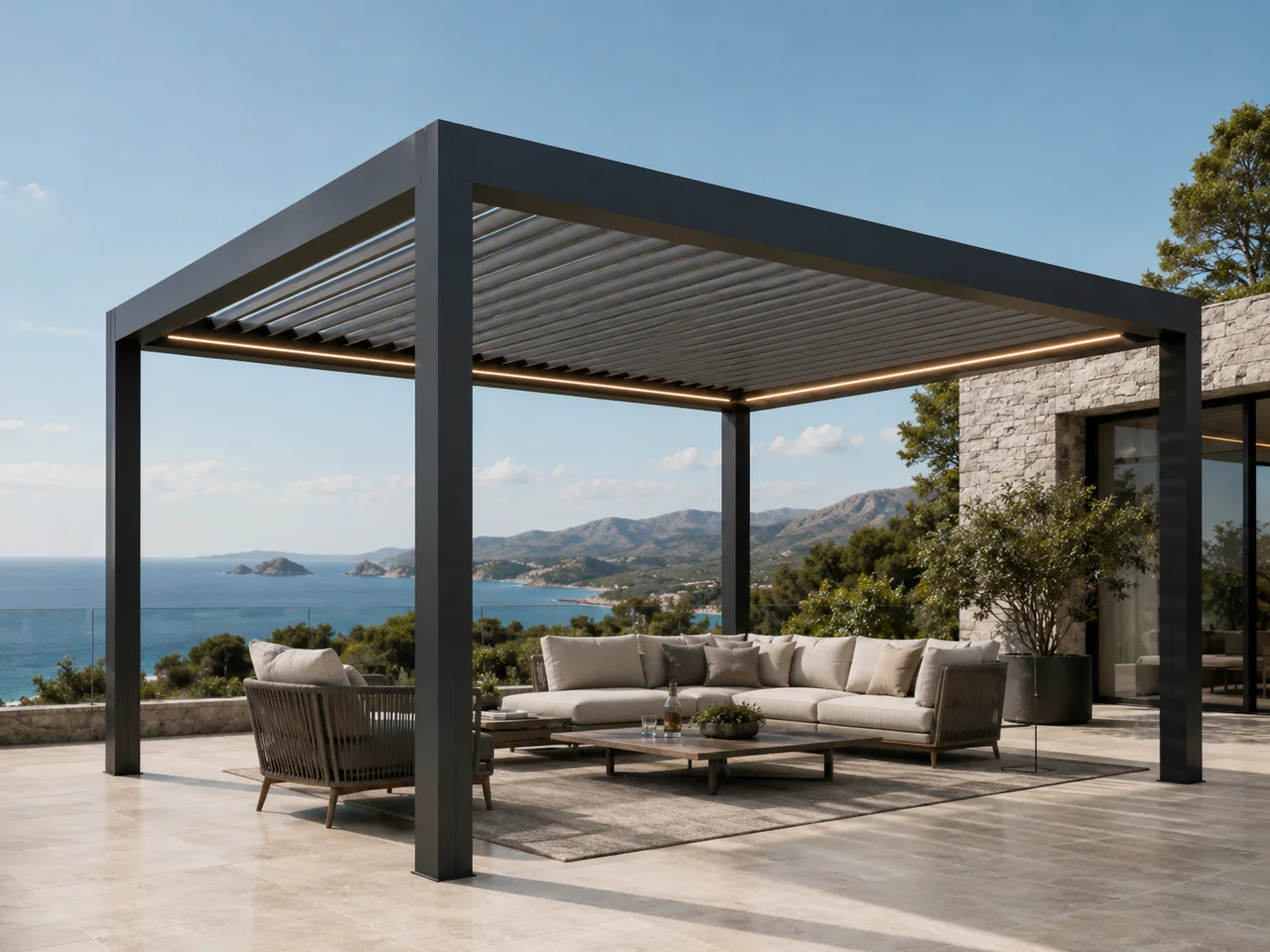 Teras üzerindeki dinlenme bölümüne uygulanan modern pergola modeli