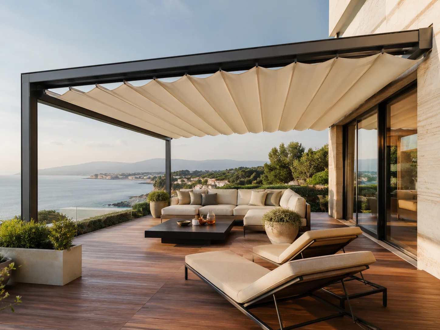 Terasın köşe oturma bölümüne uygulanan modern pergola modeli