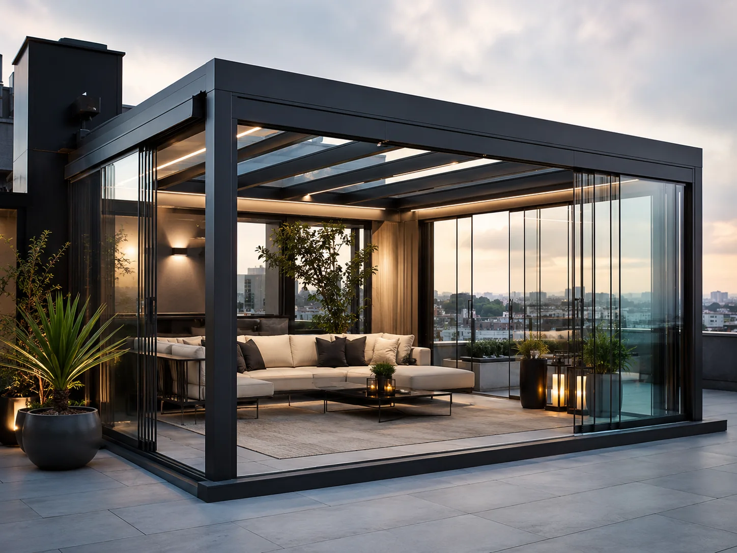 Manzaraya açılan teras oturma alanına uygulanan pergola modeli