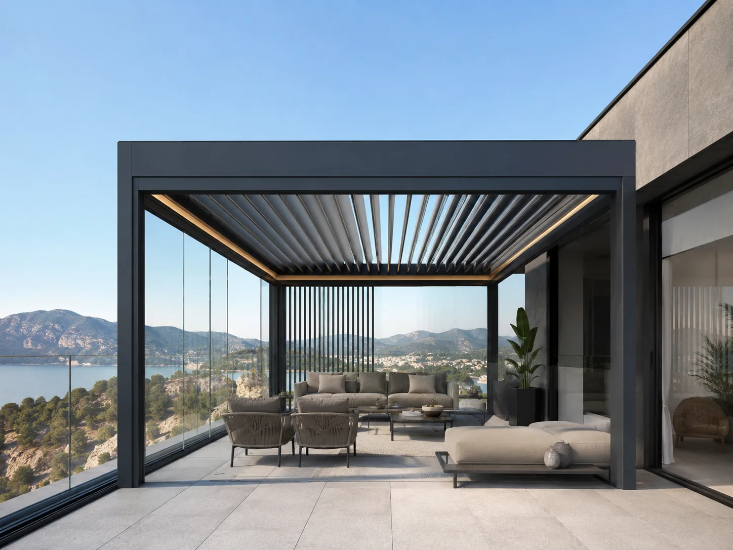 Teras üzerindeki misafir oturma alanına uygulanan pergola modeli