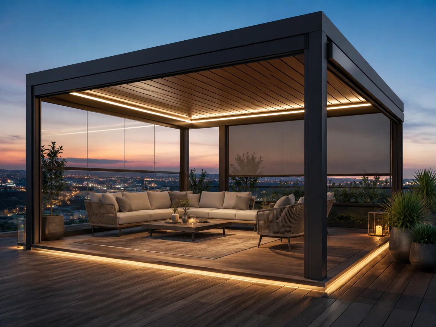 Teras üzerindeki açık oturma alanına uygulanan pergola modeli