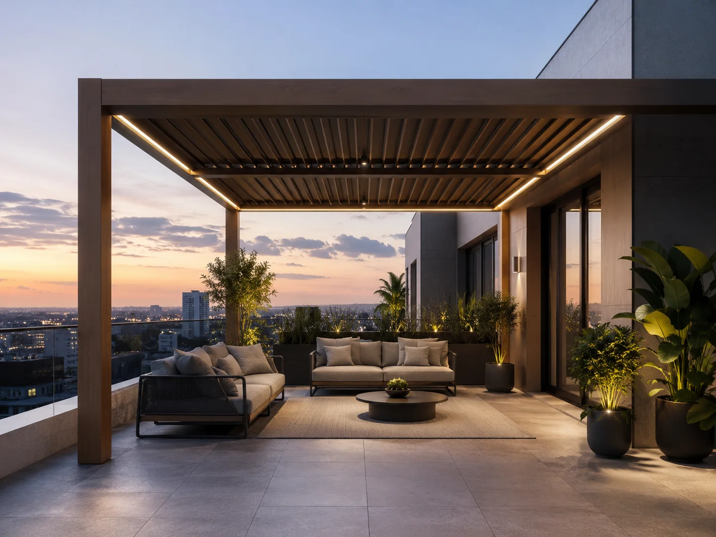 Teras üzerindeki açık yemek alanına uygulanan pergola modeli