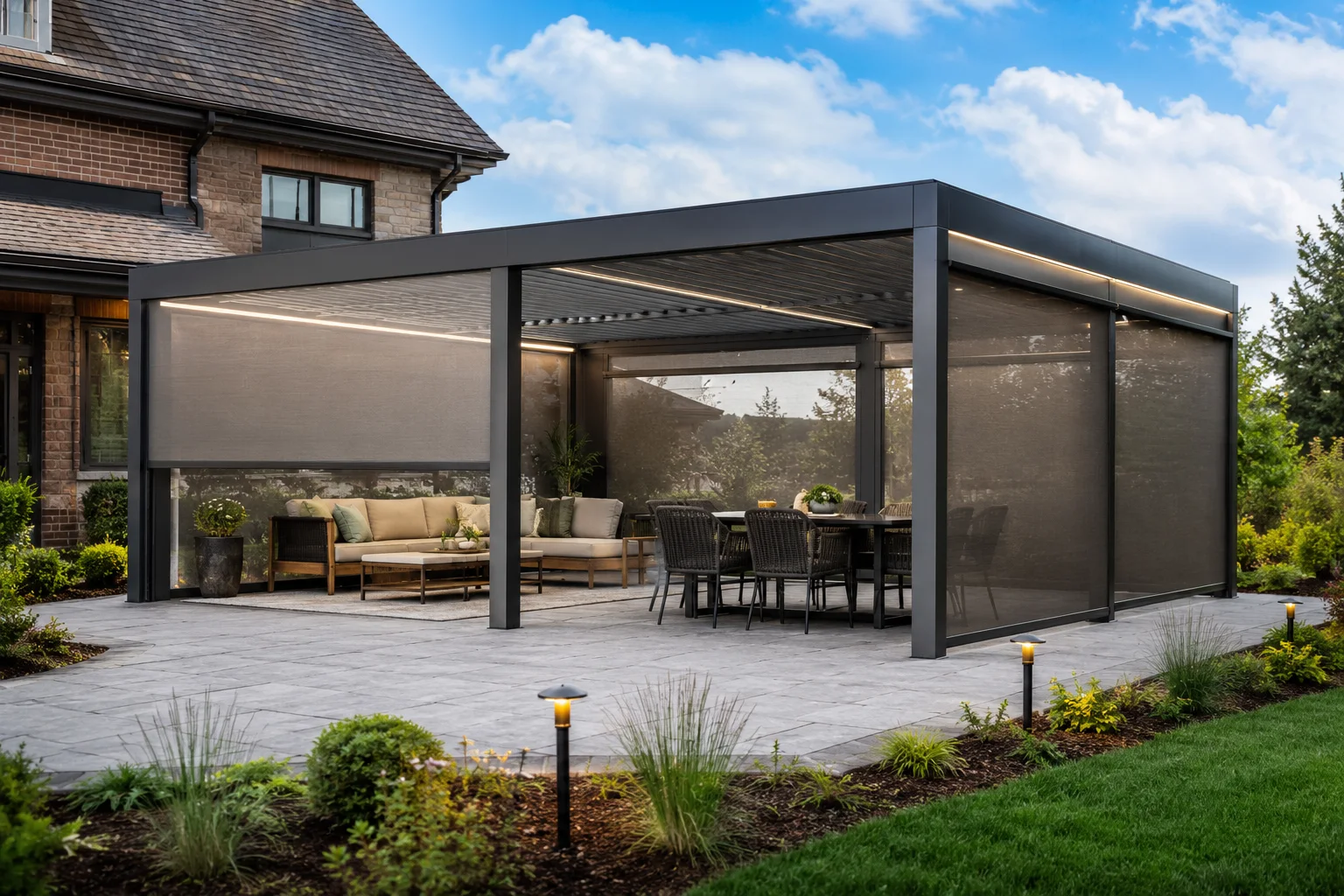 Modern villa bahçesindeki oturma alanına uygulanan pergola modeli