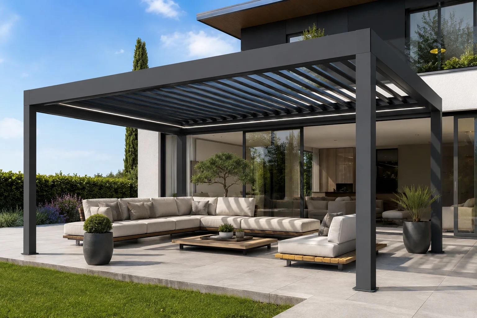 Villa bahçesindeki açık hava oturma alanına uygulanan pergola modeli