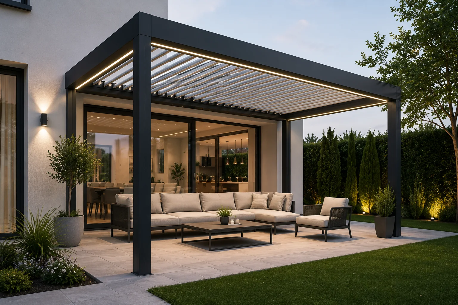 Villa bahçesinin peyzaj düzenini tamamlayan dekoratif pergola uygulaması