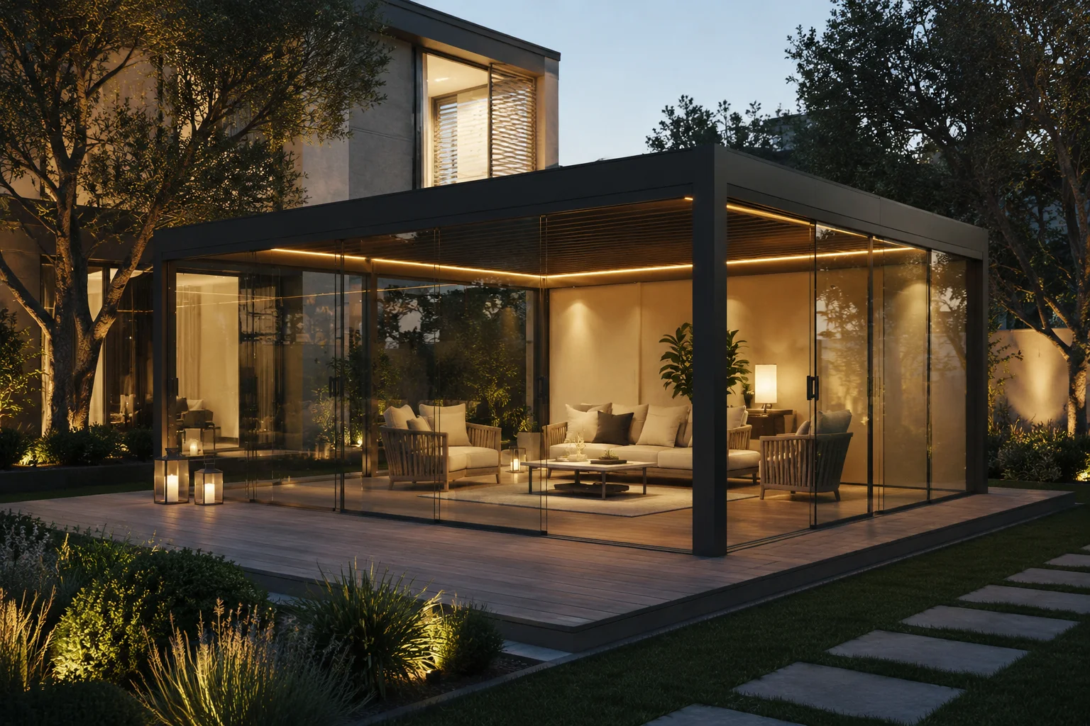 Villa bahçesindeki dinlenme bölümüne uygulanan modern pergola modeli