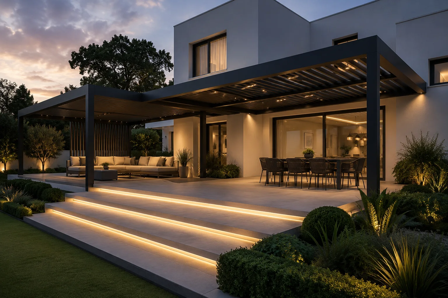 Villa bahçesindeki günlük kullanım alanına uygulanan modern pergola modeli